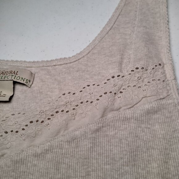 Natural Reflections Tank Top Size Large Beige Ribbed Eyelet Lace Trim Cotton Y2K - Picture 13 of 14